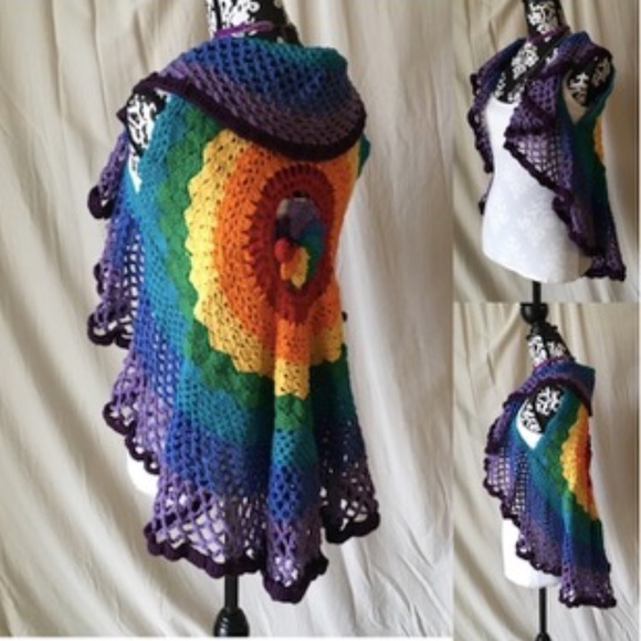 Vintage Sweaters - Vintage Crochet 1970's Rainbow Groovy Circle Cascade Drape Vest, OS